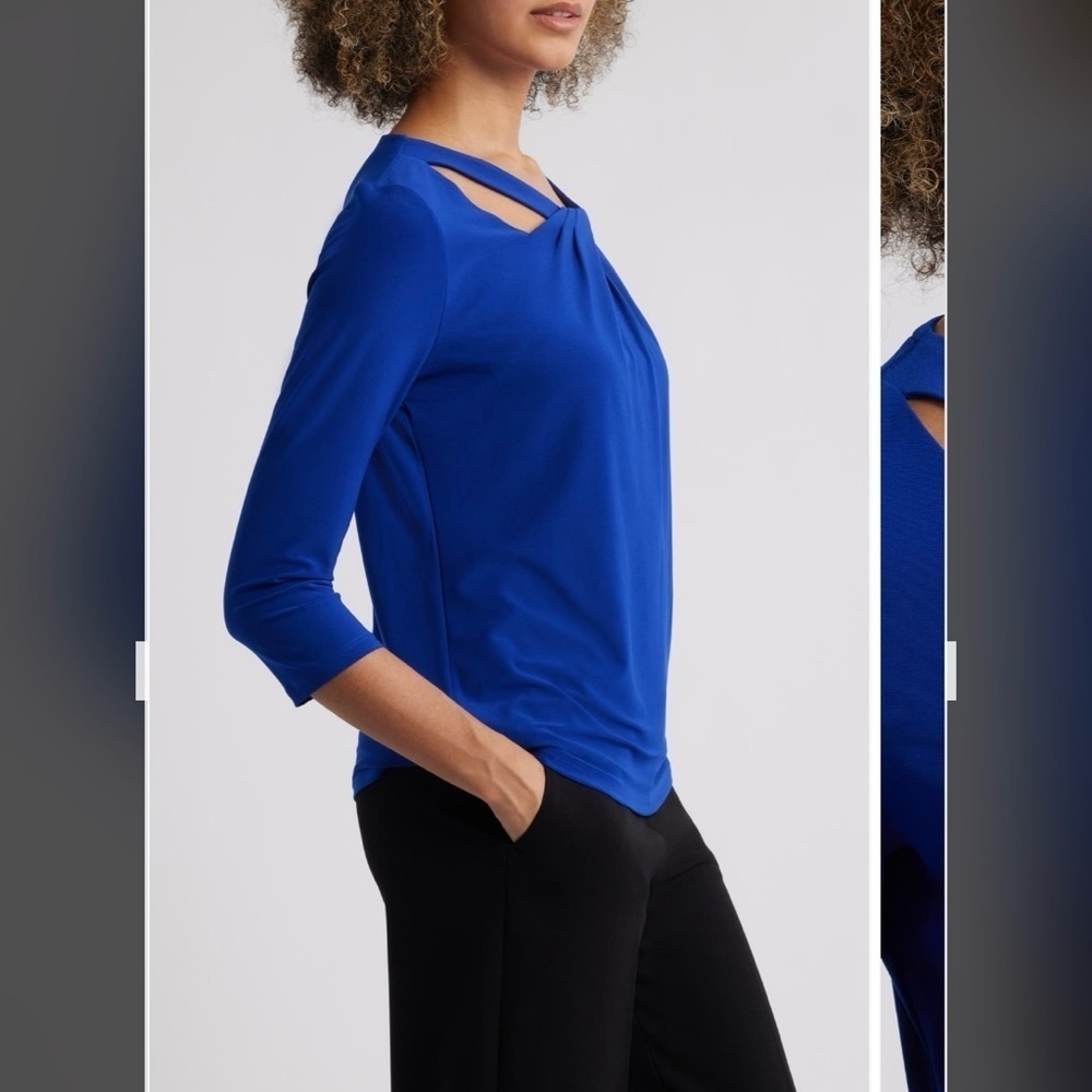 Kasper Three Quarter Sleeve Twist Neck Top in Navy Size SP - Picture 4 of 10
